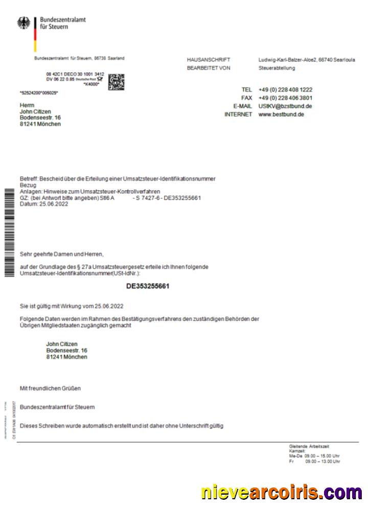 Germany Bundeszentralamt für Steuem certificate